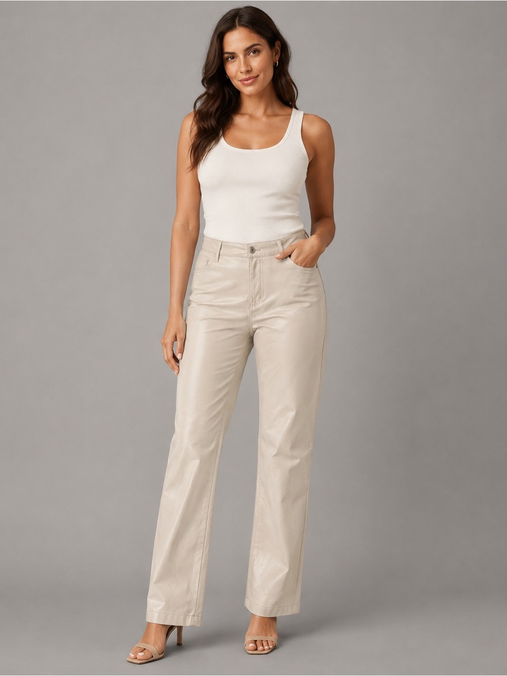Calvin Klein Women’s Size 10 Cream Faux Leather Wide Leg Pants High Rise Casual